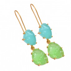 925 Sterling Silver Chalcedony Rough Gemstone Gold Plated Dangle Earrings