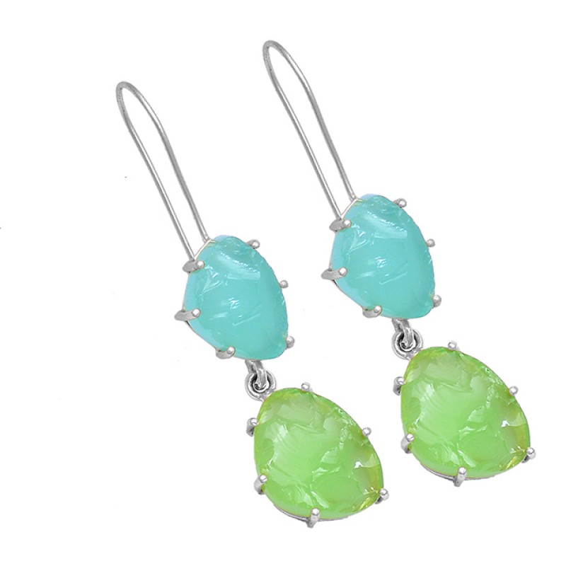 925 Sterling Silver Chalcedony Rough Gemstone Gold Plated Dangle Earrings