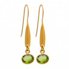 Oval Shape Peridot Gemstone 925 Sterling Silver Gold Plated Fixed Ear Wire Earrings