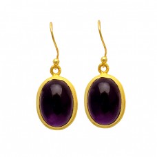 Cabochon Oval Amethyst Gemstone 925 Sterling Silver Gold Plated Dangle Earrings