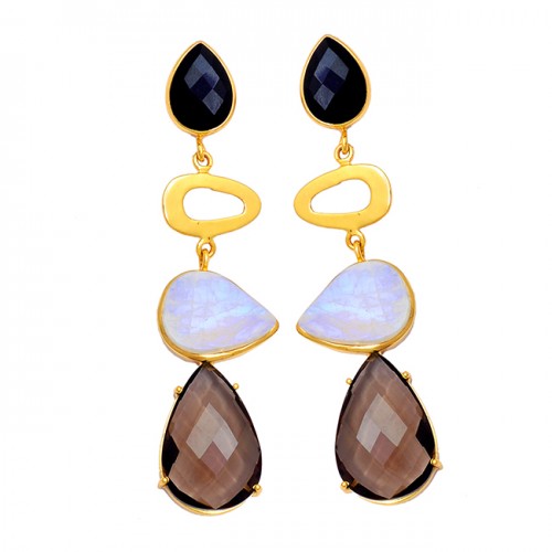 Onyx Moonstone Quartz Gemstone 925 Sterling Silver Gold Plated Stud Earrings