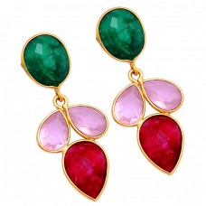 Emerald Pink Quartz Ruby Gemstone 925 Sterling Silver Gold Plated Stud Earrings