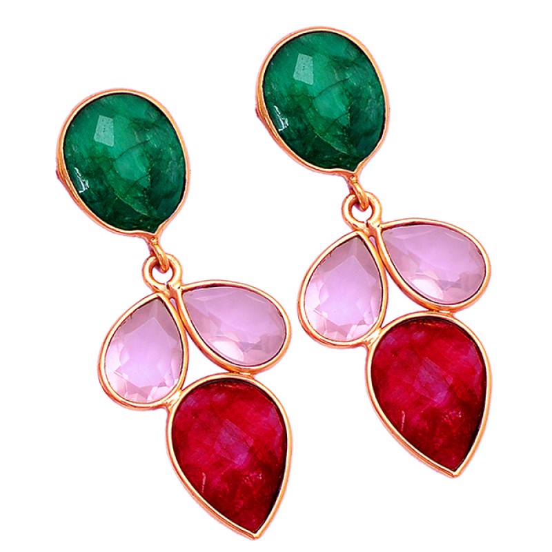 Emerald Pink Quartz Ruby Gemstone 925 Sterling Silver Gold Plated Stud Earrings