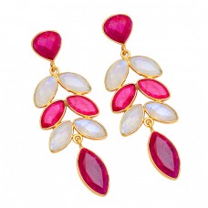 Rainbow Moonstone Ruby Gemstone 925 Sterling Silver Gold Plated Stud Earrings