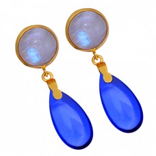 Rainbow Moonstone Tanzanite Quartz Gemstone 925 Silver Gold Plated Earrings