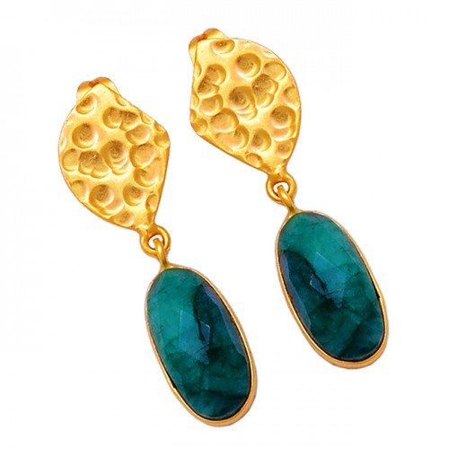 Oval Shape Emerald Gemstone 925 Sterling Silver Gold Plated Stud Dangle Earrings