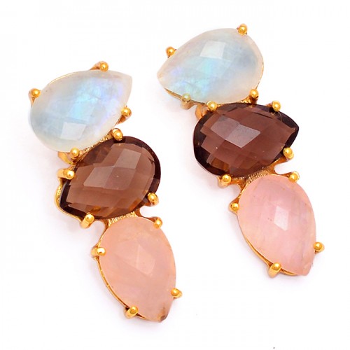 Moonstone Smoky Rose Quartz 925 Sterling Silver Gold Plated Stud Earrings