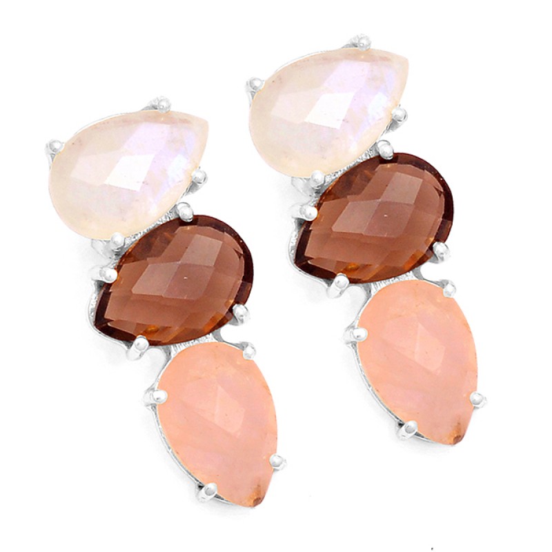 Moonstone Smoky Rose Quartz 925 Sterling Silver Gold Plated Stud Earrings
