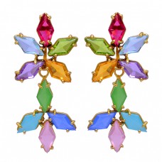 Marquise Shape Mulit Color Gemstone 925 Sterling Silver Gold Plated Stud Earrings