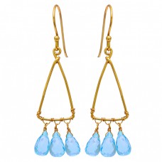 Blue Topaz Pear Drops Shape Gemstone 925 Sterling Silver Gold Plated Earrings