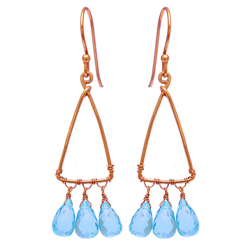 Blue Topaz Pear Drops Shape Gemstone 925 Sterling Silver Gold Plated Earrings