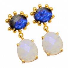 Labradorite Rainbow Moonstone 925 Sterling Silver Gold Plated Stud Earrings