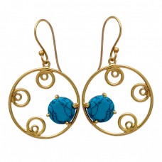 Round Shape Turquoise Gemstone 925 Sterling Silver Gold Plated Dangle Earrings