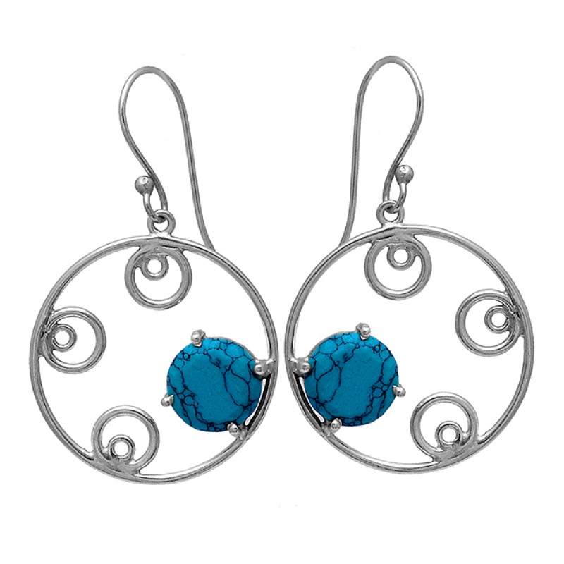 Round Shape Turquoise Gemstone 925 Sterling Silver Gold Plated Dangle Earrings