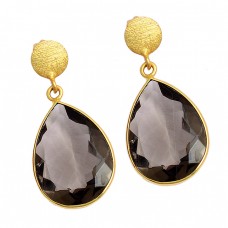 Pear Shape Smoky Quartz Gemstone 925 Sterling Silver Gold Plated Stud Earrings