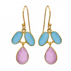 925 Sterling Silver Chalcedony Gemstone Gold Plated Dangle Earrings