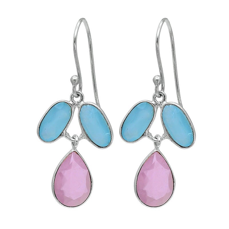 925 Sterling Silver Chalcedony Gemstone Gold Plated Dangle Earrings
