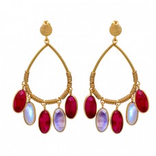 Ruby Rainbow Moonstone 925 Sterling Silver Gold Plated Dangle Stud Earrings