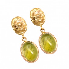 Prehnite Chalcedony Oval Shape Gemstone 925 Sterling Silver Gold Plated Earrings