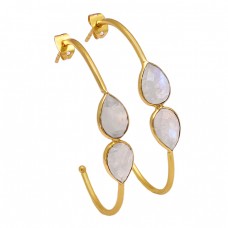 Rainbow Moonstone Pear Shape Gemstone 925 Silver Gold Plated Hoop Earrings