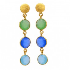 Bezel Setting Round Shape Chalcedony Gemstone 925 Silver Gold Plated Earrings