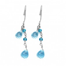 Roundel Beads Pear Drops Shape Blue Topaz Gemstone Gold Plated Dangle Earrings