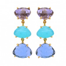 Prong Setting Amethyst Chalcedony Rough Gemstone Gold Plated Dangle Earrings