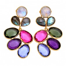 925 Sterling Silver Multi Gemstone Gold Plated Handmade Designer Earrings