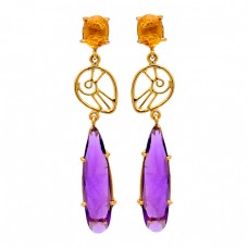 Amethyst Citrine Gemstone 925 Sterling Silver Gold Plated Stud Earrings