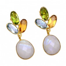 Topaz Citrine Moonstone Paridot 925 Sterling Silver Gold Plated Stud Earrings