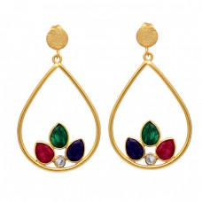 Ruby Emerald Sapphire Cz Gemstone 925 Sterling Silver Gold Plated Stud Earrings