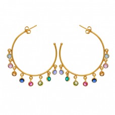 925 Sterling Silver Round Shape Multi Gemstone Gold Plated Hoop Earrings