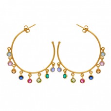 925 Sterling Silver Round Shape Multi Gemstone Gold Plated Hoop Earrings