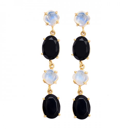 Rainbow Moonstone Black Onyx Gemstone 925 Silver Gold Plated Stud Earrings