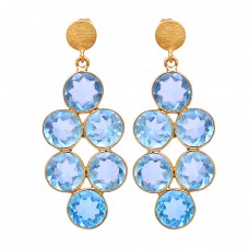 925 Sterling Silver Blue Topaz Round Shape Gemstone Gold Plated Stud Earrings