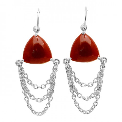 Cabochon Triangle Red Onyx Gemstone Chain Hanging Gold Plated Silver Dangle Earrings