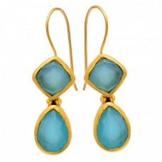 Square Pear Shape Chalcedony Gemstone 925 Sterling Silver Gold Plated Earrings