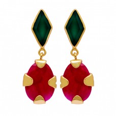 Green Onyx Ruby Gemstone 925 Sterling Silver Gold Plated Stud Dangle Earrings