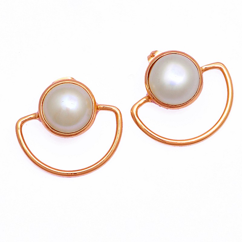 Round Shape Pearl Gemstone 925 Sterling Silver Gold Plated Stud Earrings