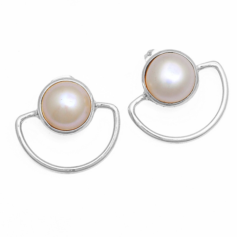 Round Shape Pearl Gemstone 925 Sterling Silver Gold Plated Stud Earrings