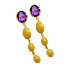 925 Sterling Silver Oval Shape Amethyst Gemstone Gold Plated Stud Dangle Earrings