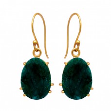 Prong Setting Oval Shape Emerald Gemstone 925 Silver Gold Plated Dangle Earrings