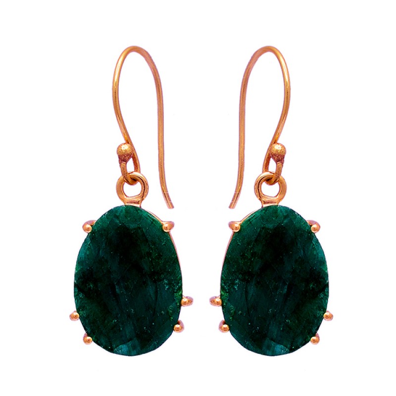 Prong Setting Oval Shape Emerald Gemstone 925 Silver Gold Plated Dangle Earrings