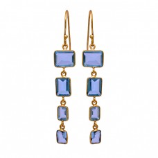 Rectangle Shape Blue Quartz Gemstone 925 Sterling Silver Gold Plated Earrings
