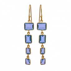 Rectangle Shape Blue Quartz Gemstone 925 Sterling Silver Gold Plated Earrings