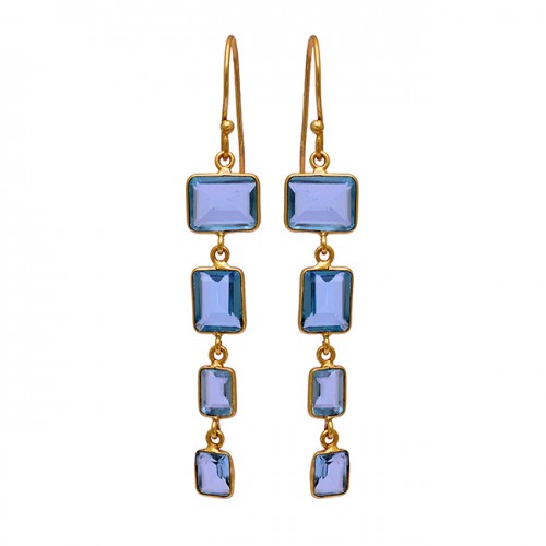 Rectangle Shape Blue Quartz Gemstone 925 Sterling Silver Gold Plated Earrings