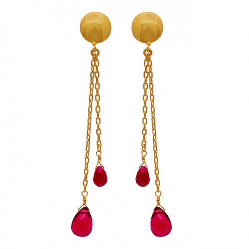 925 Sterling Silver Tourmaline Ruby Gemstone Gold Plated Stud Chain Earrings