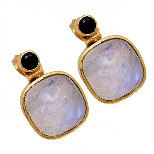 Rainbow Moonstone Black Onyx 925 Sterling Silver Gold Plated Stud Earrings