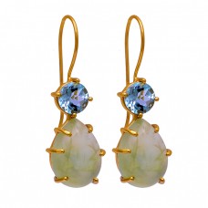 Blue Topaz Chalcedony Gemstone 925 Sterling Silver Gold Plated Earrings