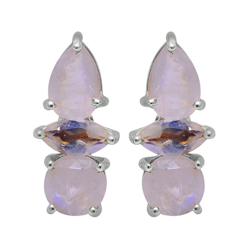 Prong Setting Rainbow Moonstone 925 Sterling Silver Gold Plated Stud Earrings